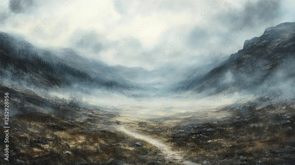 Misty valley, path through foggy mountains. Misty valley, path through foggy mountains.