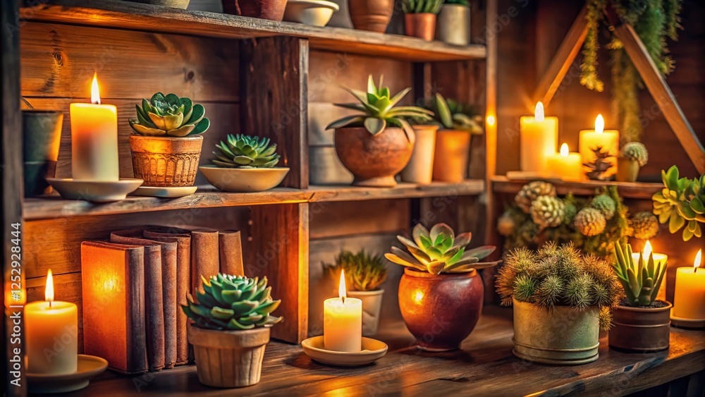 Fototapeta premium Cozy Rustic Bookshelf with Candles & Succulents: Low-Light Interior Design Stock Photo