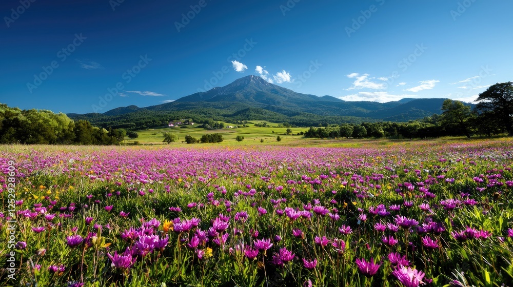 Mountain View, Flower Field, Spring, Idyllic Landscape, Travel Poster Mountain View, Flower Field, Spring, Idyllic Landscape, Travel Poster
