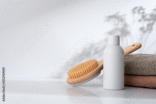 Фотография Skincare bottle, wooden body brush, and towels on a white surface