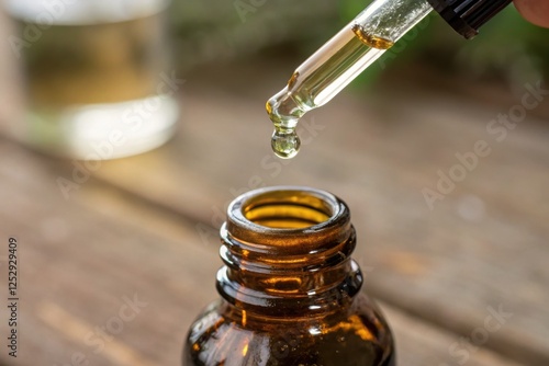 Essential Oil Dropper in Use Outdoors on Wooden Surface for Aromatherapy photo