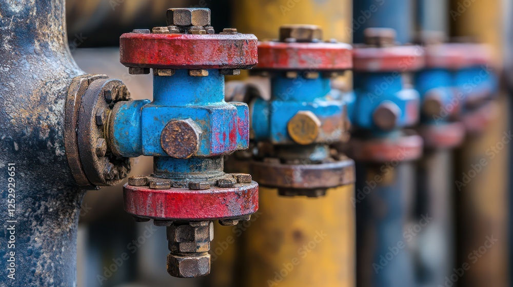 Close-up of Industrial Pipes and Valves: A Study in Rust and Resilience Close-up of Industrial Pipes and Valves: A Study in Rust and Resilience