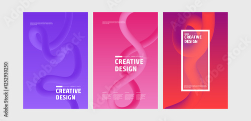 Three modern abstract design templates featuring fluid gradient shapes. Perfect for posters, covers, and digital backgrounds in vibrant purple, pink, and red.