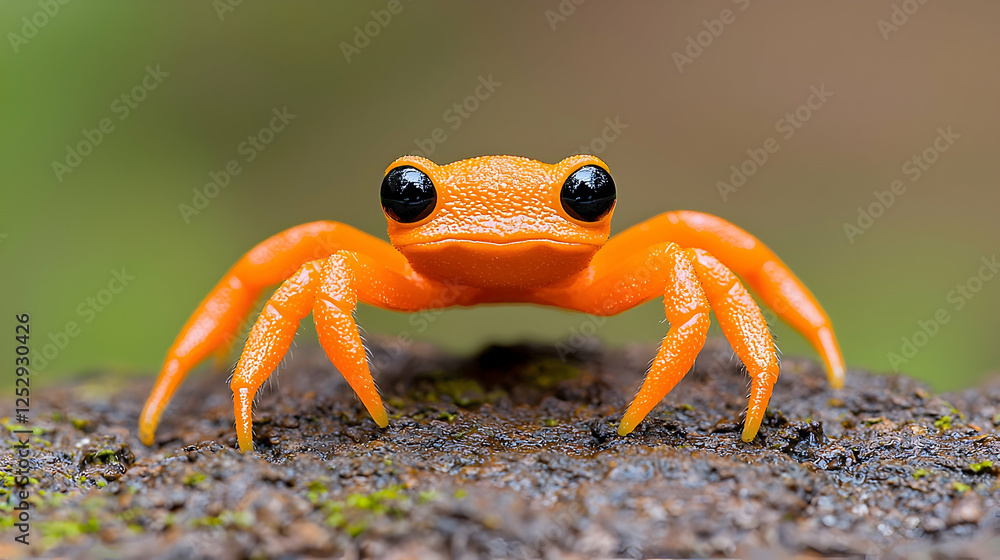 Orange frog rainforest closeup, mossy log background, nature wildlife Orange frog rainforest closeup, mossy log background, nature wildlife
