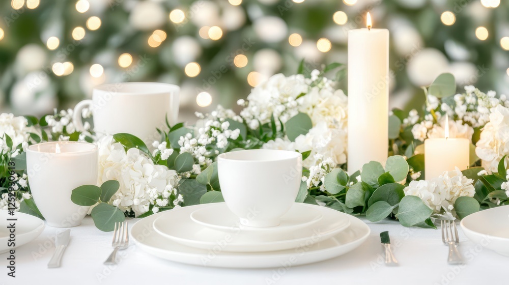 Elegant White Table Setting: A sophisticated tablescape featuring pristine white tableware, delicate white flowers, and flickering candles creates a serene and romantic ambiance. Elegant White Table Setting: A sophisticated tablescape featuring pristine white tableware, delicate white flowers, and flickering candles creates a serene and romantic ambiance.