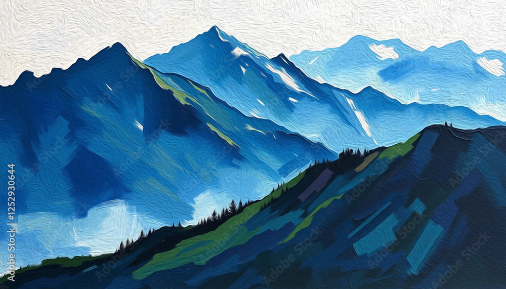 Fototapeta premium Mountain landscape . Pattern to print for wall decorations. Oil painting .
