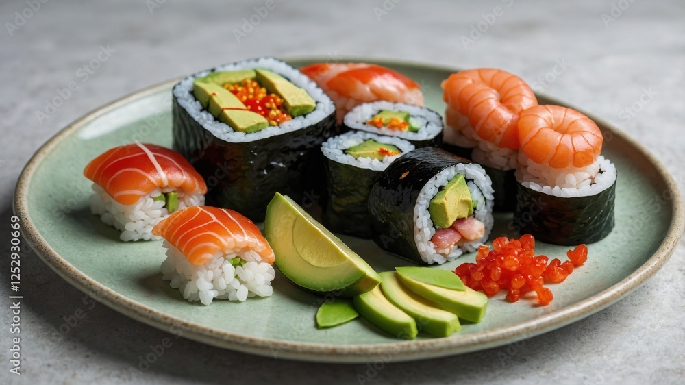 Artfully arranged sushi plate featuring avocado and shrimp rolls, with colorful garnishes, creating a visually appealing and delicious meal Artfully arranged sushi plate featuring avocado and shrimp rolls, with colorful garnishes, creating a visually appealing and delicious meal