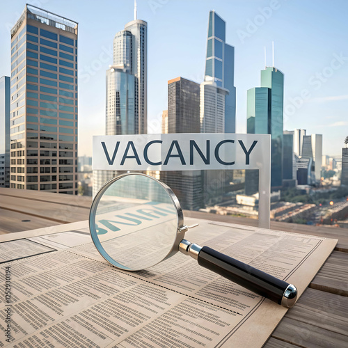 Vacancy concept Word VACANCY with a magnifying glass on a tabloid on the background of the metropolis office buildings of the city 3D render