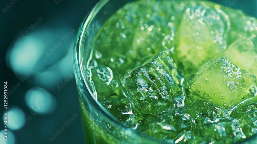 Refreshing Green Beverage with Ice Cubes in a Clear Glass Refreshing Green Beverage with Ice Cubes in a Clear Glass
