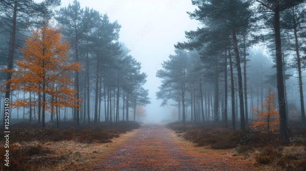 Ethereal Pathway, Autumn's Embrace in a Mist-Shrouded Pine Forest Landscape, Where Golden Leaves Ignite the Mystical Atmosphere Ethereal Pathway, Autumn's Embrace in a Mist-Shrouded Pine Forest Landscape, Where Golden Leaves Ignite the Mystical Atmosphere