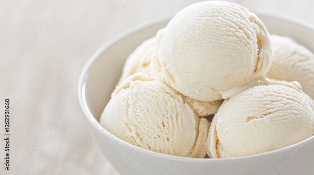 Creamy vanilla ice cream scoops in a white bowl on a light wooden table Creamy vanilla ice cream scoops in a white bowl on a light wooden table