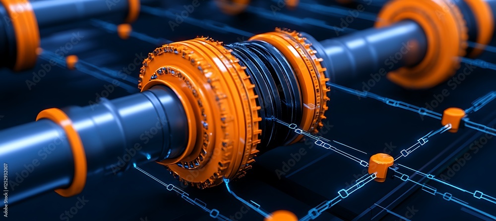 Obraz premium Abstract 3D Render of Interconnected Orange and Black Cylindrical Gears