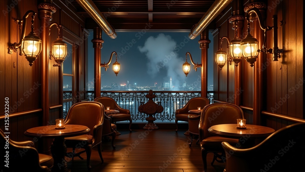 Fototapeta premium A cozy industrial-style balcony with a cityscape view at night. Features a red chaise lounge, a round table, chairs, and warm string lights. The city skyline includes smokestacks and buildings
