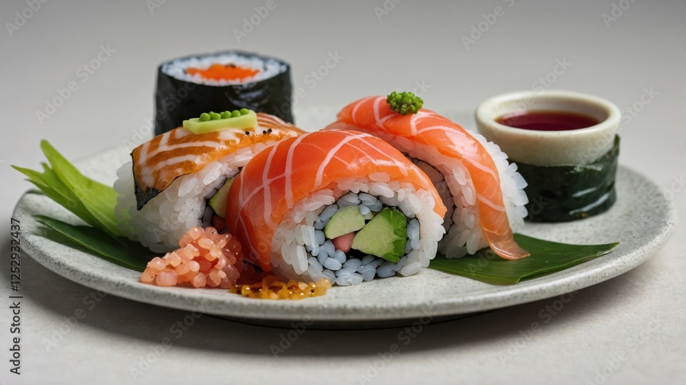 Beautifully arranged sushi platter with salmon, avocado rolls, soy sauce, and fresh garnishes Beautifully arranged sushi platter with salmon, avocado rolls, soy sauce, and fresh garnishes