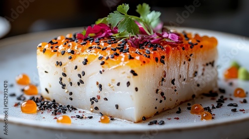 Exquisite plated fish dish garnished with caviar and herbs photo