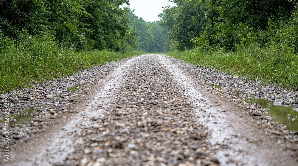 Gravel road through forest after rain. Background use travel, nature Gravel road through forest after rain. Background use travel, nature