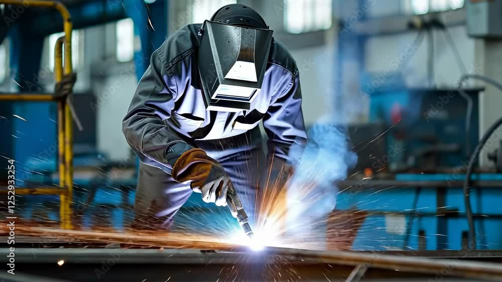 Welder Working with Sparks and Smoke in a Factory
Welder Working with Sparks and Smoke in a Factory