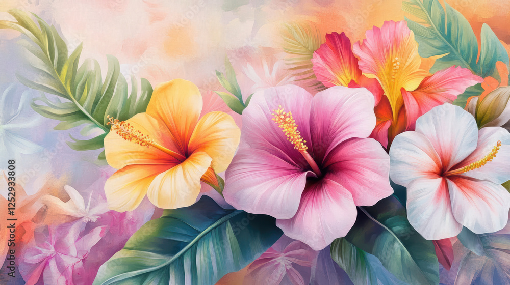Tropical bloom texture with bold leaves and exotic flowers in vibrant colors, featuring hibiscus blossoms in shades of pink, yellow, and white against soft pastel background