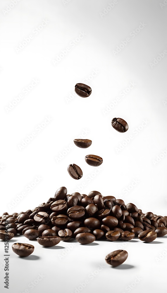 Obraz premium Coffee Beans Falling Onto Pile Isolated on White Background Studio Shot