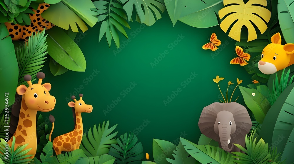 Fototapeta premium Colorful Cartoon Animals Surrounded by Lush Tropical Foliage