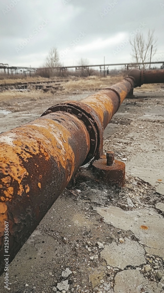 Rusty Metal Pipe on Grungy Ground in Industrial Setting Rusty Metal Pipe on Grungy Ground in Industrial Setting