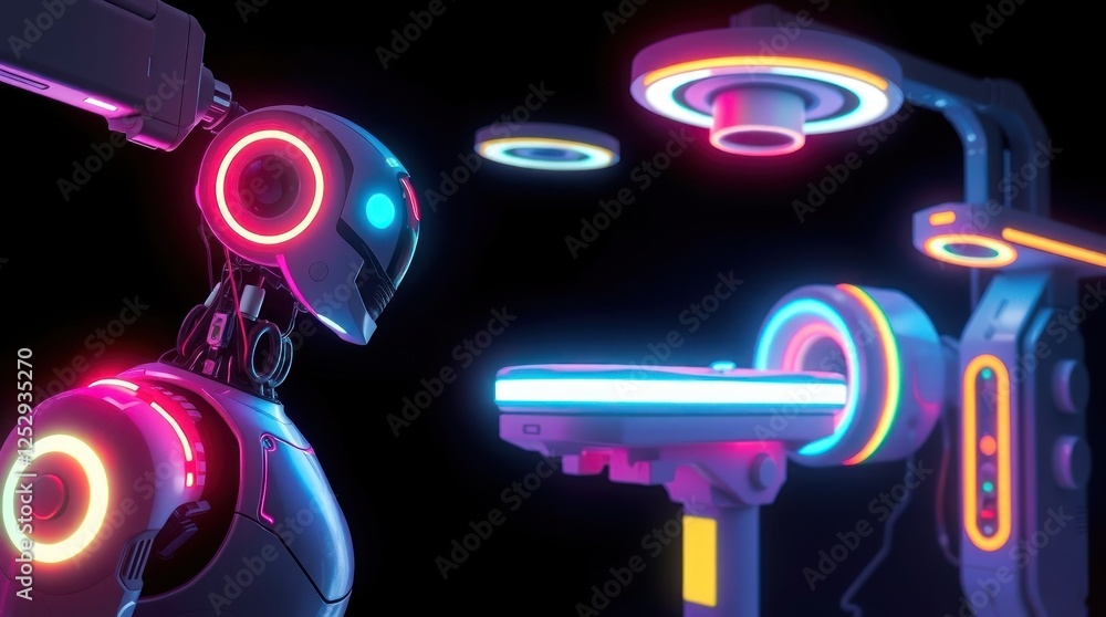 Futuristic robot interacting with advanced medical equipment in a neon-lit laboratory setting Futuristic robot interacting with advanced medical equipment in a neon-lit laboratory setting