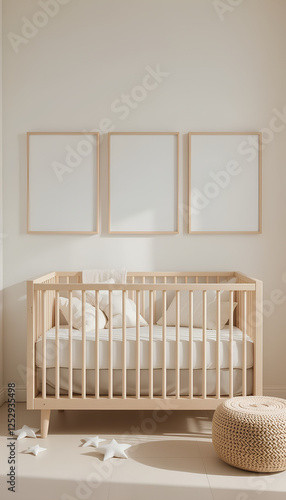 Mockup frames in Scandinavian nursery with wooden crib and minimalist decor – modern unisex kids' room interior