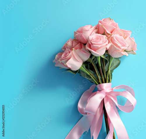 A bouquet of pink roses is tied with a pink ribbon