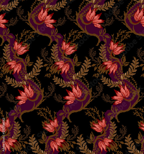 Wallpaper seamless pattern.Elegant,feminine style.Design with flowers,leaf on black color background.Design is perfect for adding to wallpaper, decorative,fabric,textile,background and clothes.