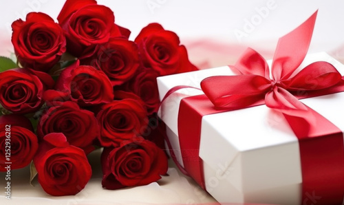 A bouquet of red roses sits next to a white box with a red ribbon