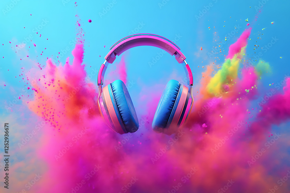 Vibrant headphones surrounded by colorful powder bursts, creating a dynamic and artistic atmosphere Vibrant headphones surrounded by colorful powder bursts, creating a dynamic and artistic atmosphere