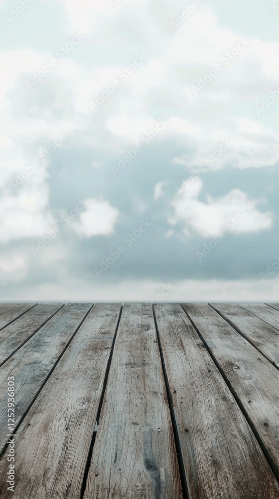 Wooden Deck with Calm Sky and Cloudy Background for Serenity Mood Wooden Deck with Calm Sky and Cloudy Background for Serenity Mood