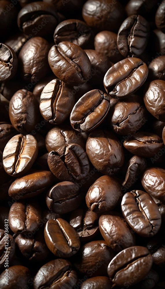 Obraz premium Roasted Coffee Beans Macro Shot Displaying Rich Aroma and Texture