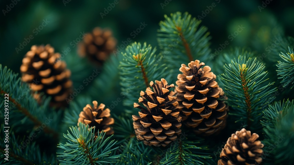 Textural tapestry of pine cones and emerald needles in tranquil forest setting Textural tapestry of pine cones and emerald needles in tranquil forest setting
