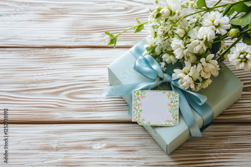 A blue box with white flowers and a tag on it