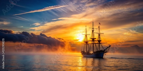 Dawn of Discovery: Low-Light Exploration Ship at Sunrise