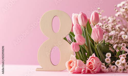 A wooden sign with the number 8 on it is surrounded by pink flowers