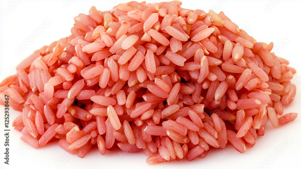 A close-up of pinkish-red rice grains neatly arranged on a white backdrop. Suitable for health food promotions, diet-conscious content, and organic market advertising. A close-up of pinkish-red rice grains neatly arranged on a white backdrop. Suitable for health food promotions, diet-conscious content, and organic market advertising.