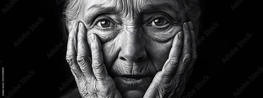 Black and white portrait of an elderly woman with her hands on her face
Black and white portrait of an elderly woman with her hands on her face
