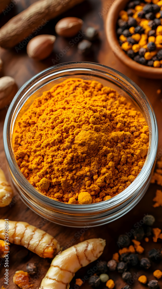 Turmeric powder, spices, wood background Turmeric powder, spices, wood background