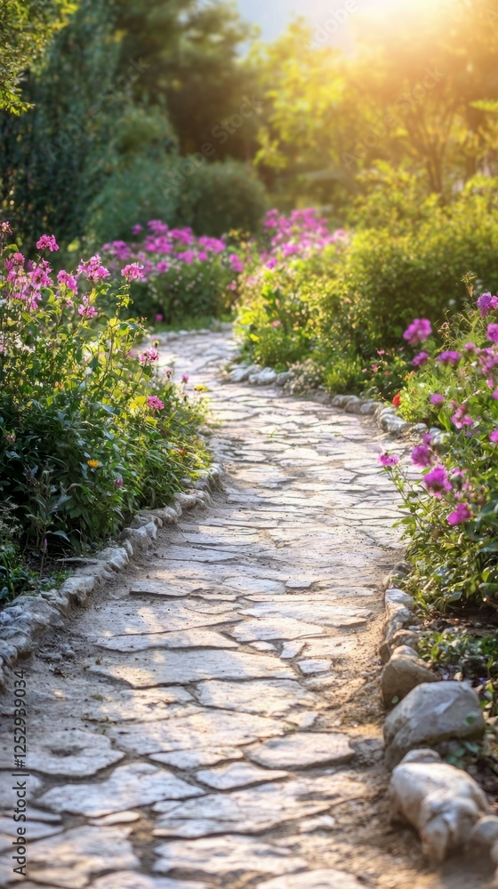 Serene Garden Pathway Surrounded by Vibrant Flowers in Sunrise Glow Serene Garden Pathway Surrounded by Vibrant Flowers in Sunrise Glow