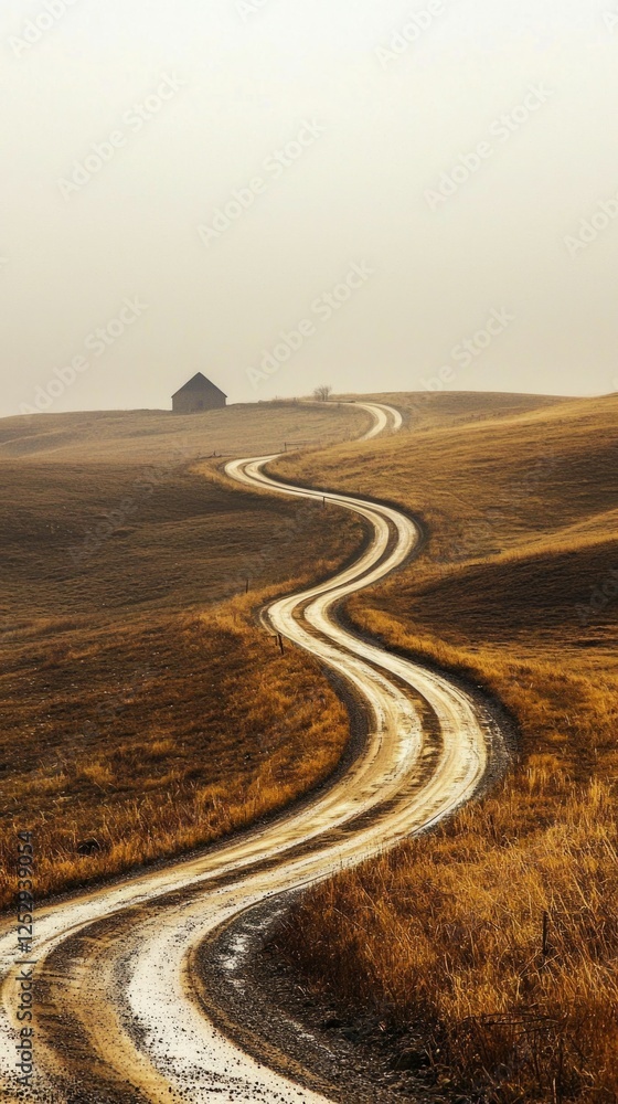 Fototapeta premium Winding Road through Golden Fields with Isolated House in Distance