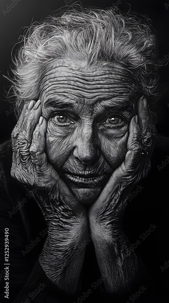 Black and white portrait of an elderly woman with her hands on her face
