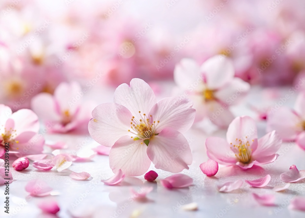 Delicate Pink Cherry Blossom Petals Scattered on White Background - Spring Floral Stock Photo Delicate Pink Cherry Blossom Petals Scattered on White Background - Spring Floral Stock Photo