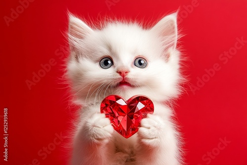 Promotion layout. Cute turkish angora young cat with diamond red heart - sign of love, funny greeting card. Turkish angora - my cherished cat. Pet valentine's day decor. Red theme cat. photo