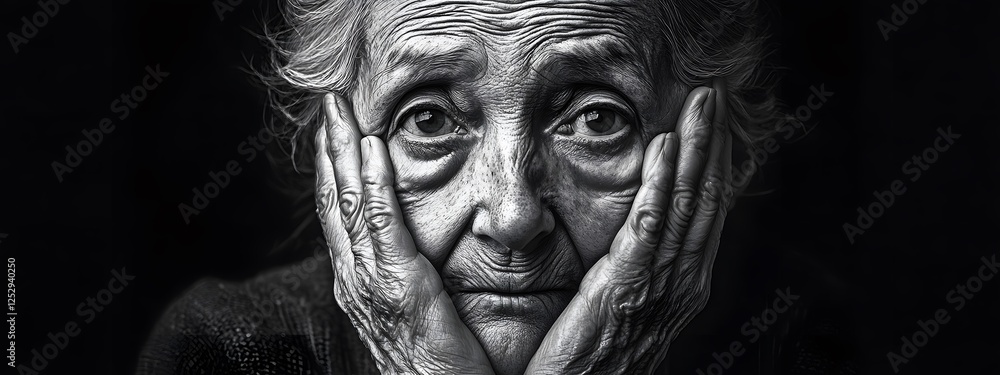 Black and white portrait of an elderly woman with her hands on her face
Black and white portrait of an elderly woman with her hands on her face