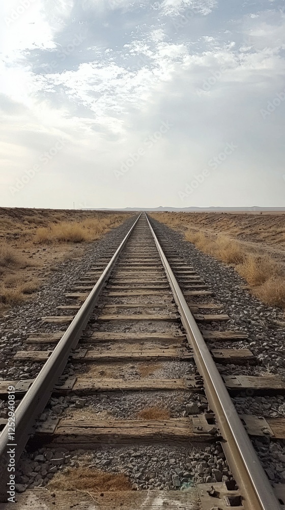 Fototapeta premium Railroad Tracks Stretching Towards a Horizon Under Cloudy Sky