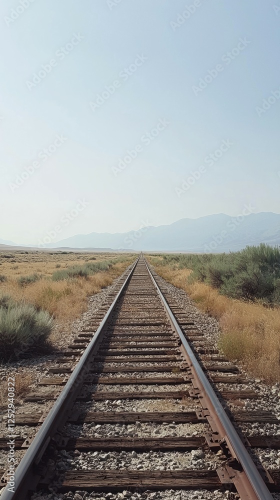 Tranquil Train Tracks Stretching through Open Landscape in Daylight Tranquil Train Tracks Stretching through Open Landscape in Daylight