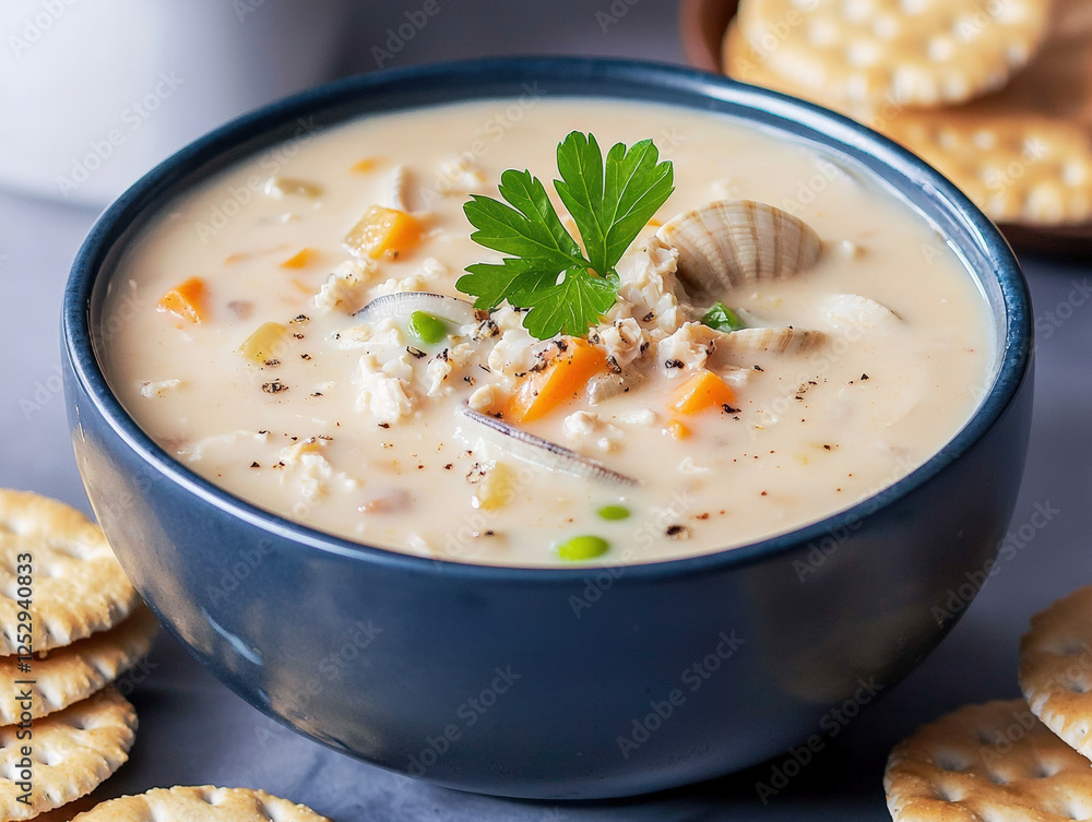 Creamy clam chowder in bowl with vegetables and crackers on side Creamy clam chowder in bowl with vegetables and crackers on side
