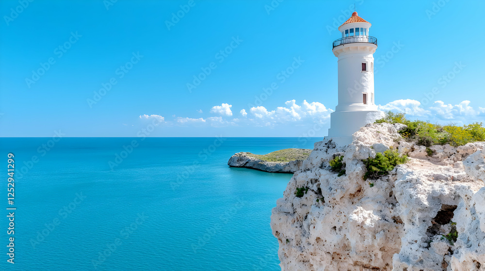 Coastal Lighthouse on Cliffs, Azure Sea, Sunny Sky Coastal Lighthouse on Cliffs, Azure Sea, Sunny Sky